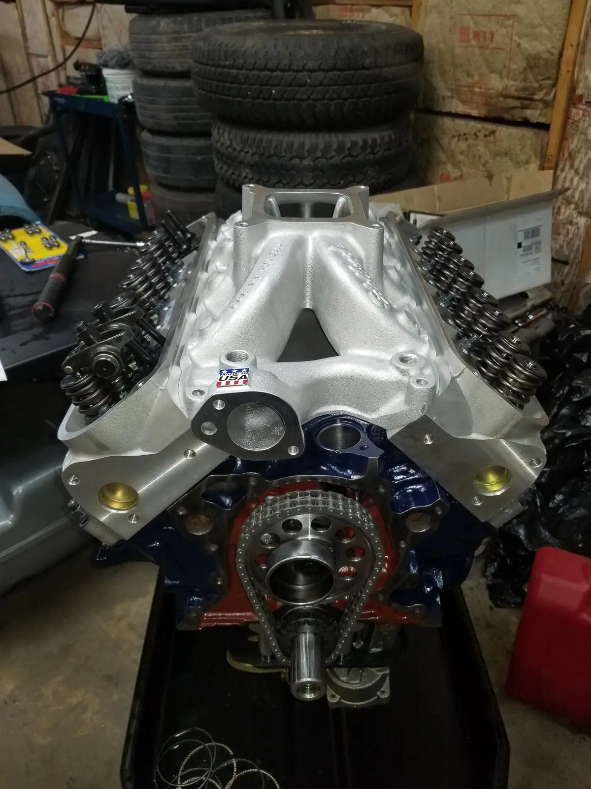 Small-block V8 going back together with an aluminum intake and a new timing set
