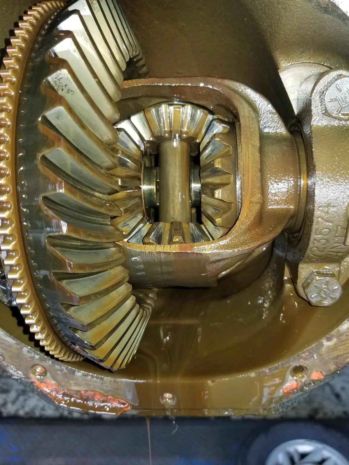 Differential carrier and ring gear with the cover removed