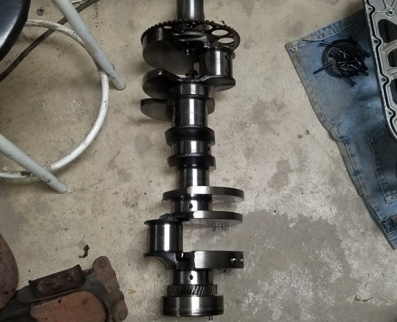 Crankshaft laid out on the shop floor