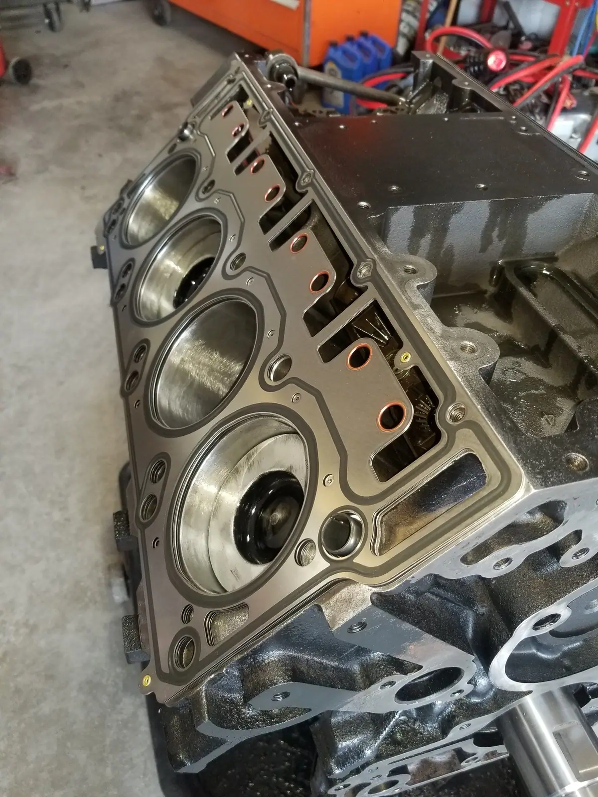 Bare engine block with clean cylinder bores