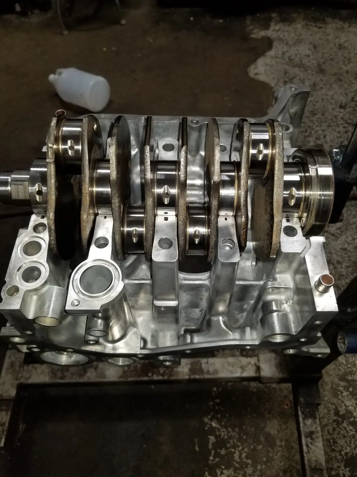 Aluminum engine block with the crankshaft installed