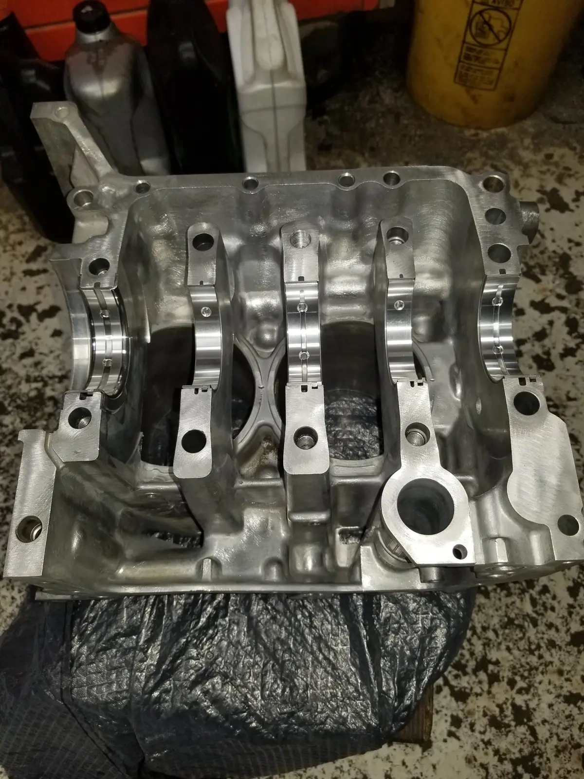 Aluminum engine block bottom end on the bench